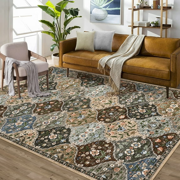 FairOnly 9'x12'Floral Print Area Rug for Bedroom Living Room Non Slip Non Shedding Soft Ultra Thin Rugs