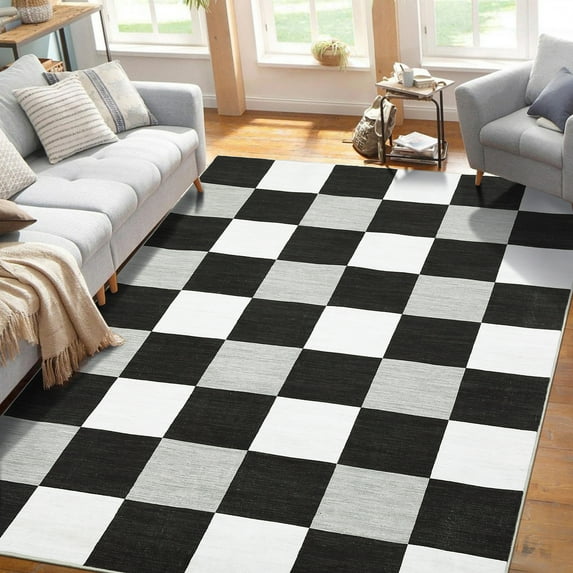 FairOnly 9'x12' Geometric Modern Washable Area Rugs Ultra-Thin Rugs with Low Pile for Home Office Black and White Rug for Family Room