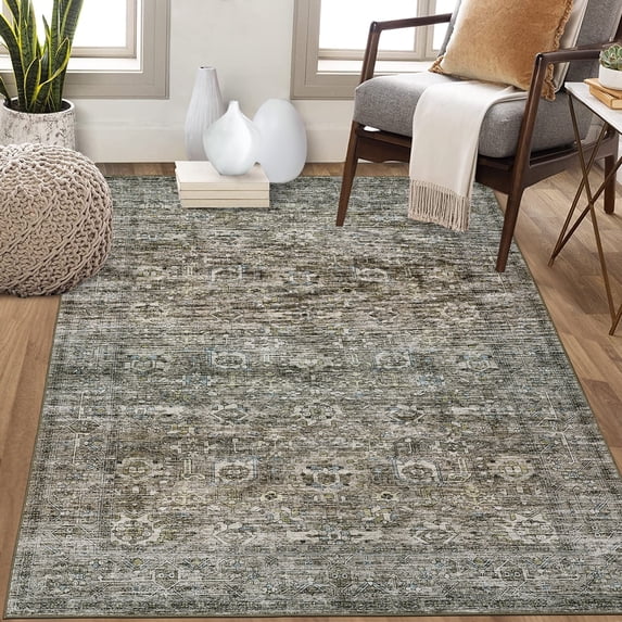 FairOnly 9'x12' Green Boho Floral Area Rugs for Living Room Low Pile Non Shedding Rugs for Family Room Nursery Carpet