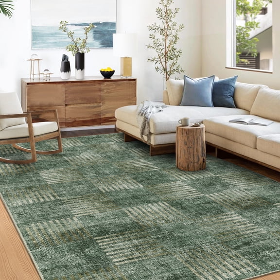 FairOnly 9'x12' Green Washable Living Room Rugs Modern Area Rugs for Bedroom Patchwork Print Non Shedding Rugs for Bathroom Home Office Carpet