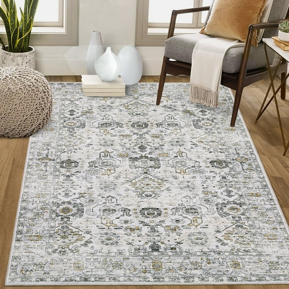 FairOnly 9'x12' Grey Boho Floral Area Rugs for Living Room Low Pile Non Shedding Rugs for Family Room Nursery Carpet