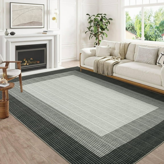 FairOnly 9'x12' Grey Living Room Area Rugs Washable Modern Bordered Non Shedding Rugs for Bathroom Home Office Strip Print Carpet for Bedroom