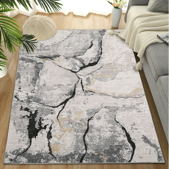 FairOnly 9'x12' Grey Machine Washable Rugs Modern Abstract Area Rugs Rocks Print Home Office Rugs for Bathroom Non Shedding Living Room Carpet