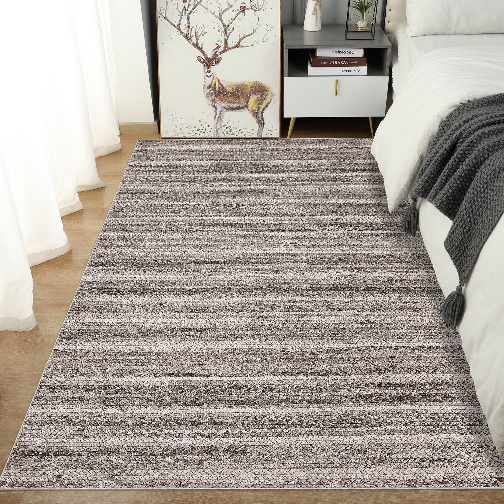 FairOnly 9'x12' Grey Modern Area Rugs for Living Room Washable Braided Print Ultra-Thin Rugs for Bathroom Indoor Floor Carpet Bedroom Area Rugs
