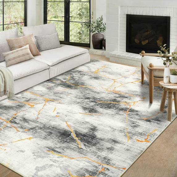FairOnly 9'x12' Grey Washable Area Rugs Contemporary Distressed Rugs for Bedroom Abstract Non Shedding Rugs for Family Room Living Room Carpet
