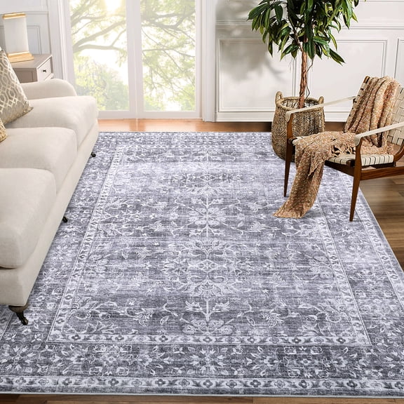 FairOnly 9'x12' Grey Washable Living Room Rugs Vintage Distressed Floral Area Rugs for Bathroom Non Shedding Home Office Rugs Indoor Floor Carpet