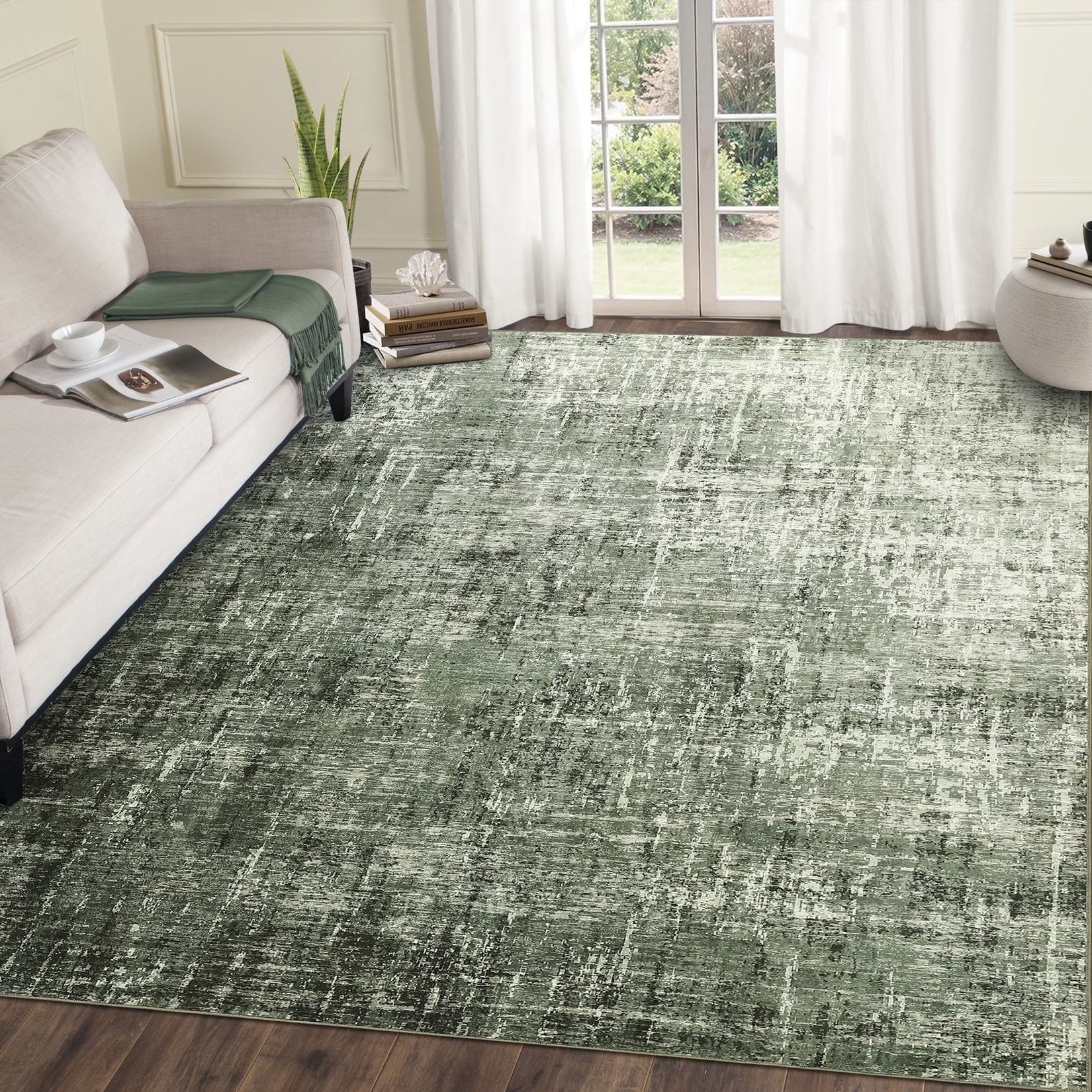 FairOnly 9'x12'Modern Abstract Gradient Color Area Rug Machine Washable Ultra Thin Low Pile Non Slip Carpet for Living Room Dining Room Bathroom,Grey Green