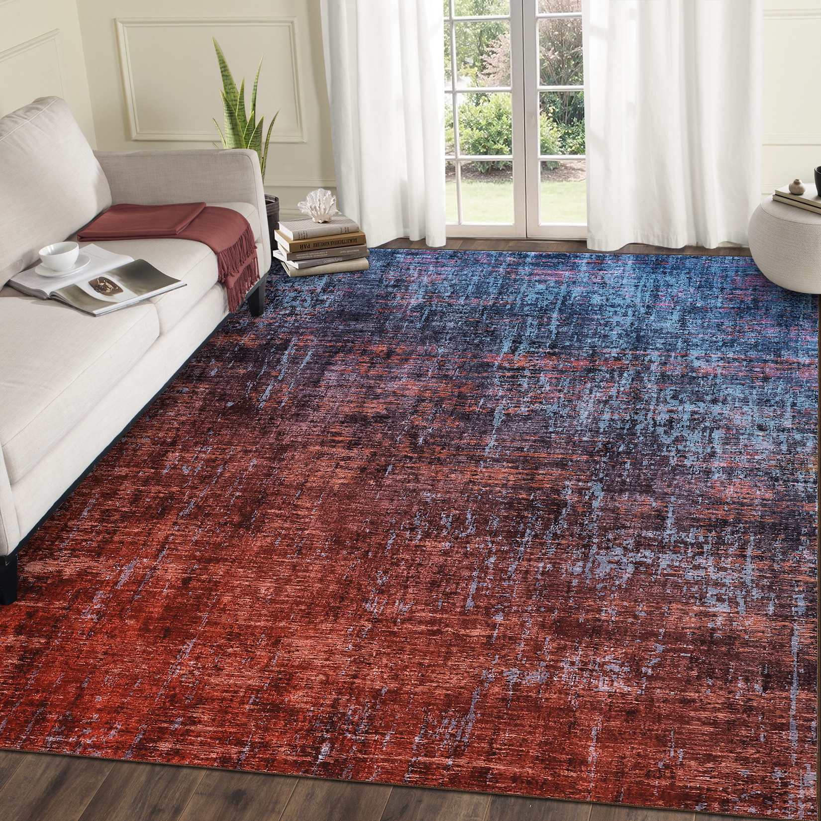 FairOnly 9'x12'Modern Abstract Gradient Color Area Rug Machine Washable Ultra Thin Low Pile Non Slip Carpet for Living Room Dining Room Bathroom,Red Blue