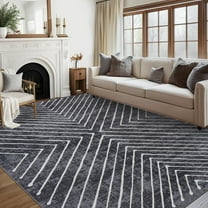 FairOnly 9'x12'Modern Area Rug with Symmetrical Fine Lines Machine Washable Low Pile Non-Slip Geometric Rugs for Living Room Bedroom，Dark Grey