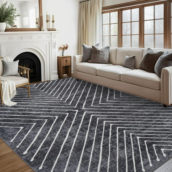 FairOnly 9'x12'Modern Area Rug with Symmetrical Fine Lines Machine Washable Low Pile Non-Slip Geometric Rugs for Living Room Bedroom，Dark Grey