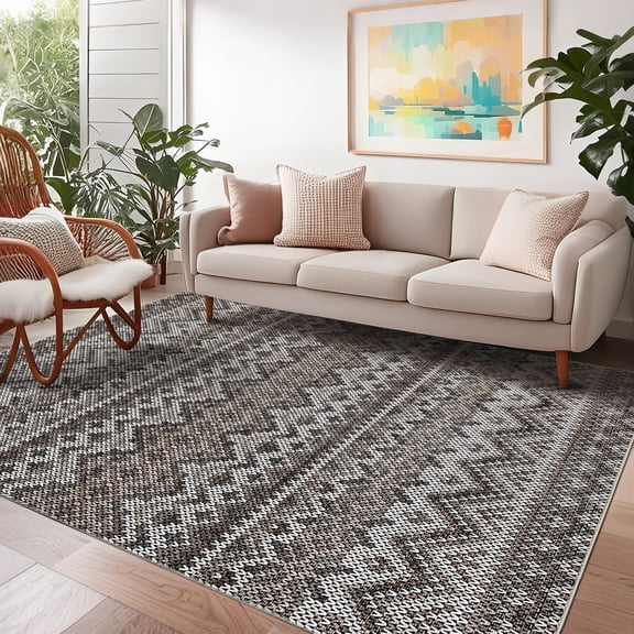 FairOnly 9'x12'Modern Boho Washable Rug for Living Room Soft Low Pile Non Slip Floor Carpet for Bedroom Playroom Nursery,Brown