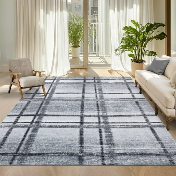 FairOnly 9'x12' Modern Checkered Large Washable Area Rugs Non Slip Non Shedding Rugs for Bedroom Living Room Kid's Room,Light Grey