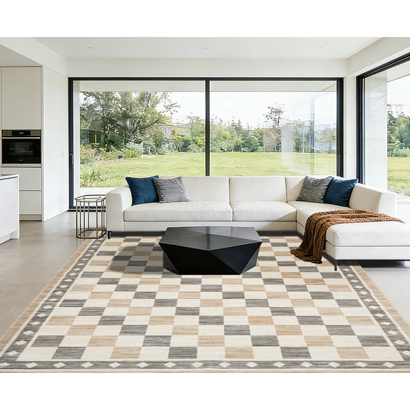 FairOnly 9'x12'Modern Checkered Machine Washable Area Rug Ultra Thin Low Pile Pet Friendly Non Slip Rug for Kitchen Bedroom Contemporary Home Decor,Beige Camel