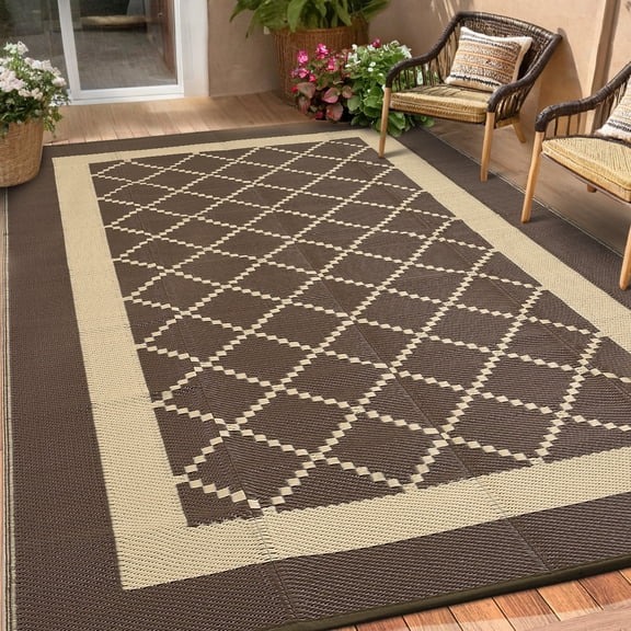 FairOnly 9'x12'Modern Geometric Diamond Grid Outdoor Rug Waterproof Reversible UV-Resistant & Portable Mat for Patio & RV，Brown Coffee
