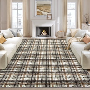 FairOnly 9'x12'Modern Geometric Plaid Non Slip Area Rug British Style Machine Washable Soft Non Shedding Rug for Living Room Bedroom,Green Coffee