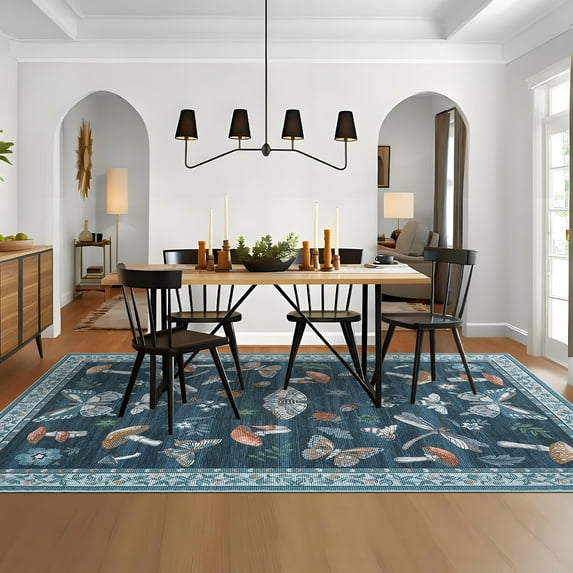 FairOnly 9'x12'Modern Machine Washable Area Rug- Grass&Warblers Non Slip Stain Resistant Foldable Rugs for Bedroom Dining Room Kitchen,Blue