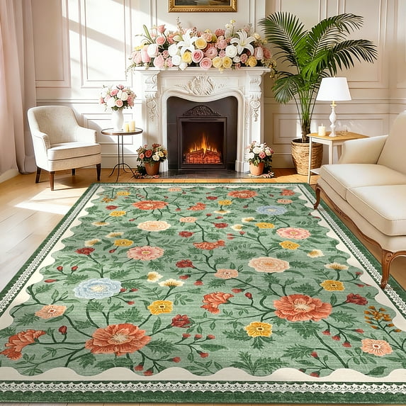 FairOnly 9'x12'Modern Pastoral Floral Print Machine Washable Area Rug Stain Resistant Low Pile Non Slip Indoor Rug for Living Room Bedroom High Traffic Areas,Green