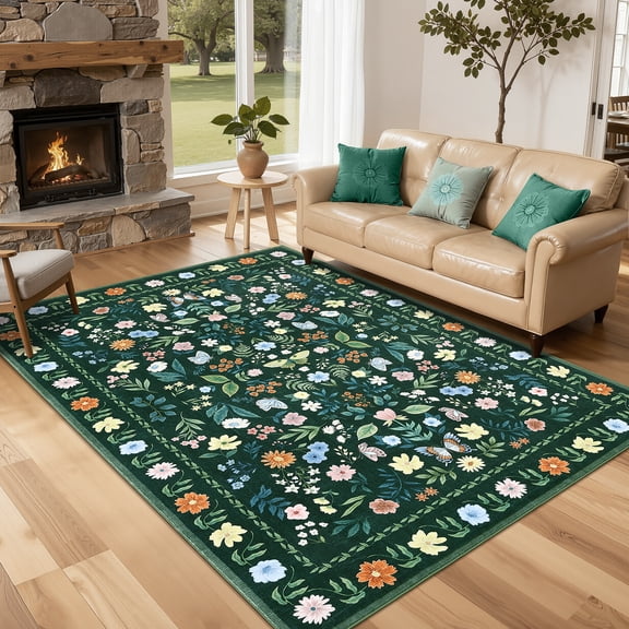 FairOnly 9'x12'Modern Pastoral Flowers & Butterflies Print Machine Washable Area Rug for Living Room Bedroom Non Slip Stain & Pet Friendly Indoor Rug for Home Decor,Green