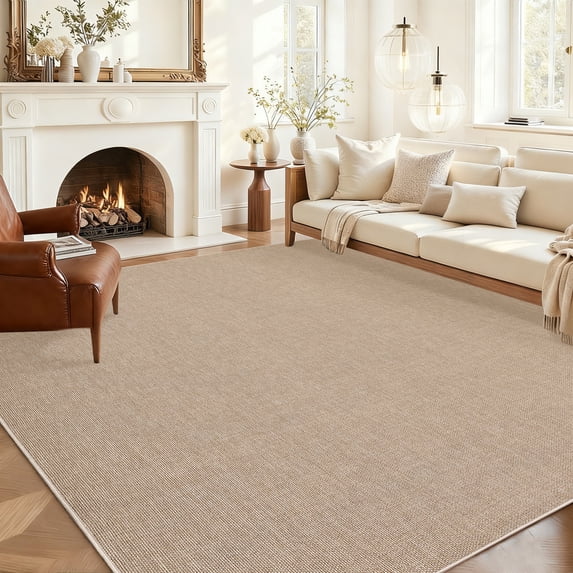 FairOnly 9'x12'Modern Solid Color Knitted Machine Washable Area Rug Low Pile Pet Friendly Non Slip Indoor Minimalist Rug for Living Room Dining Room,Beige