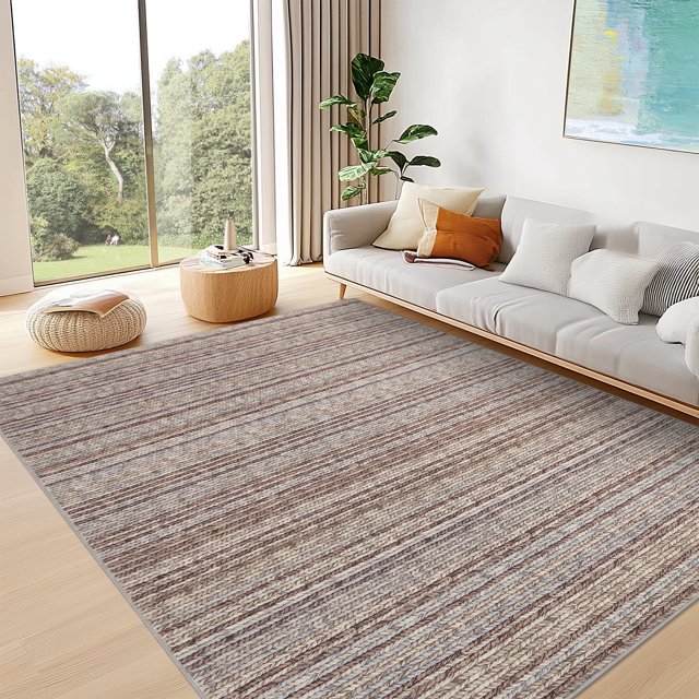 FairOnly 9'x12'Modern Striped Machine Washable Non Slip Area Rug for Bedroom Ultra Thin&Soft Low Pile Indoor Rug for Living Room Kitchen Dinning Room,Camel