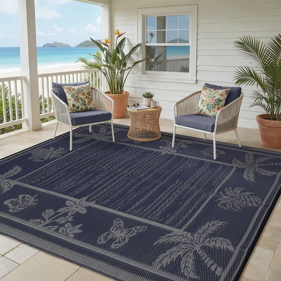 FairOnly 9'x12'Modern Tropical Floral Outdoor Rug Waterproof Reversible & Portable for Patio Poolside & Beach RV,Black Blue