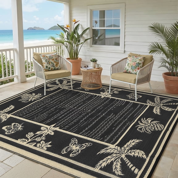 FairOnly 9'x12'Modern Tropical Floral Outdoor Rug Waterproof Reversible & Portable for Patio Poolside & Beach RV,Black Coffee