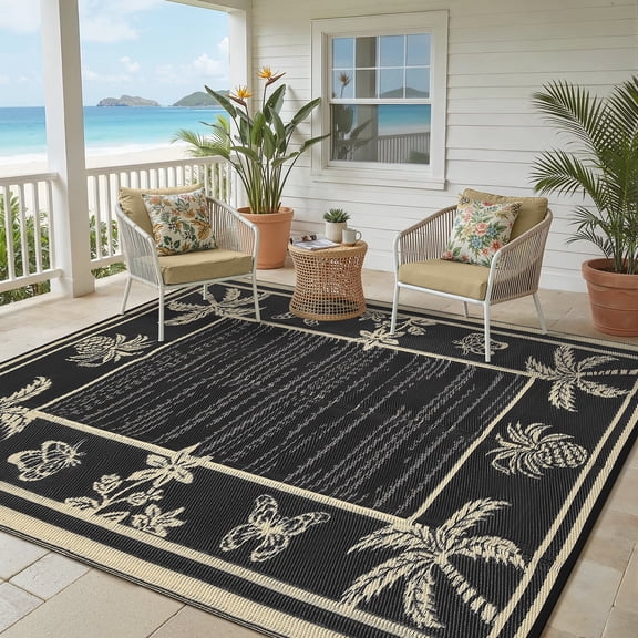 FairOnly 9'x12'Modern Tropical Floral Outdoor Rug Waterproof Reversible & Portable for Patio Poolside & Beach RV,Black Coffee