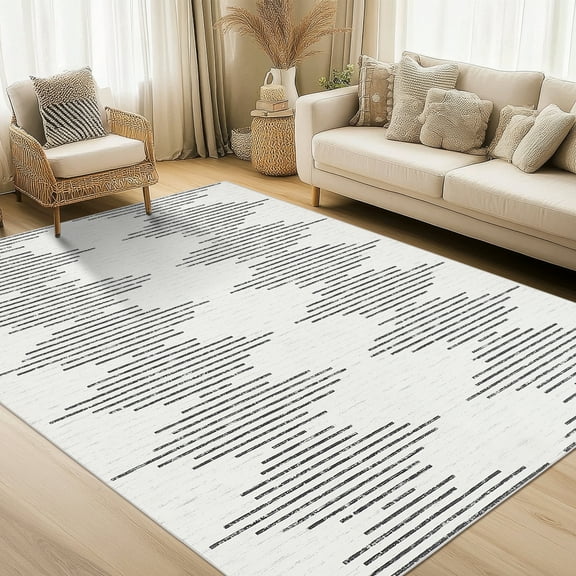 FairOnly 9'x12'Non Slip Beige Stirped Area Rug for Bedroom Modern Soft Low Pile Foldable Floor Cover for Living Room Dinning Room
