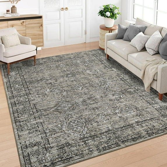 FairOnly 9'x12'Oriental Vintage Floral Printed Area Rug for Living Room Low Pile Non Slip Distressed Floor Cover for Bedroom Kitchen,Brown