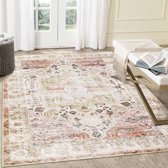 FairOnly 9'x12' Pink Machine Washable Rugs Oriental Boho Vintage Area Rugs Non Shedding Rugs for Living Room Indoor Floor Carpet