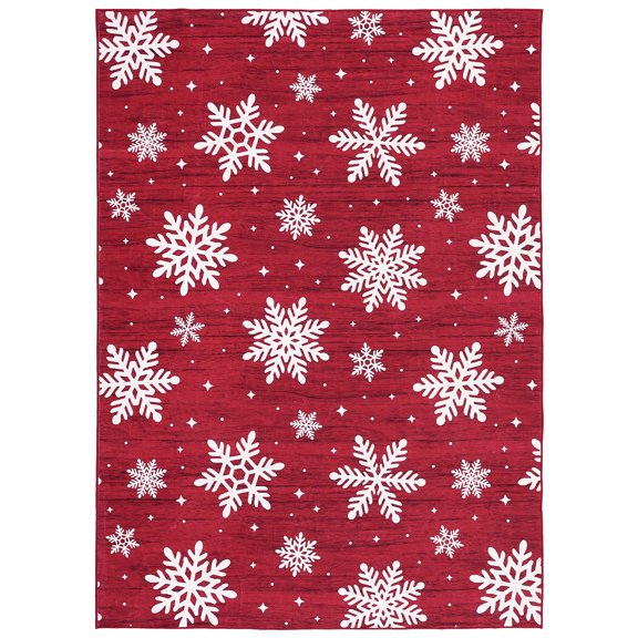 FairOnly 9'x12'Red Christmas Snowflake Pattern Area Rug Soft Machine Washable Low Pile Stain Resistant Non Slip Indoor Holiday Decor Rug