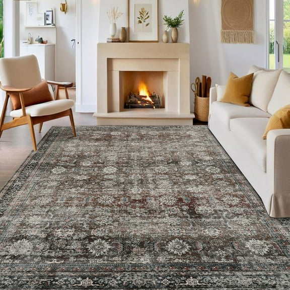 FairOnly 9'x12' Red Living Room Rugs Vintage Boho Bordered Area Rugs Machine Washable Soft Rugs Floral Living Room Bedroom Area Rugs Carpet