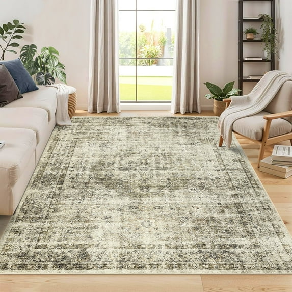 FairOnly 9'x12'Traditional Distressed Area Rugs Washable Oriental Low Pile Soft Rugs for Living Room Non Slip Area Rugs for Bathroom Kitchen Bedroom,Light Green