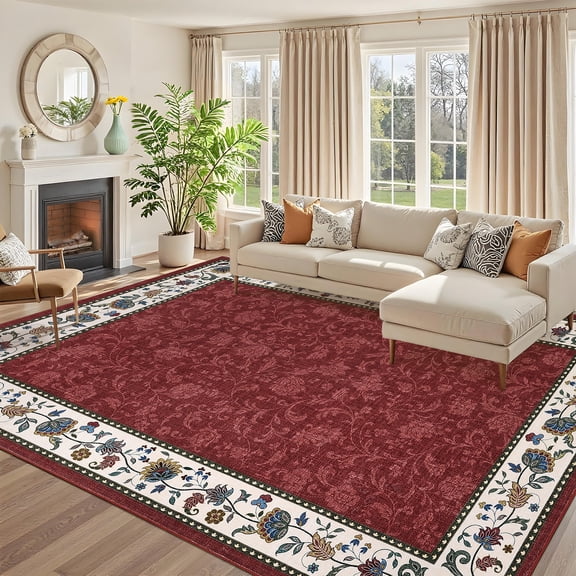 FairOnly 9'x12'Tratitional Low Pile Oriental Rugs Non Slip Stain Resistant Carpet for Living Room Bedroom Kitchen,Red