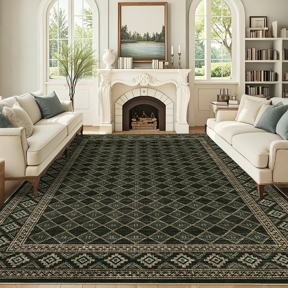 FairOnly 9'x12'Vintage Area Rug for Living Room Machine Washable Geometric Non Slip Stain Resistant Area Rugs for Home Decor,Black