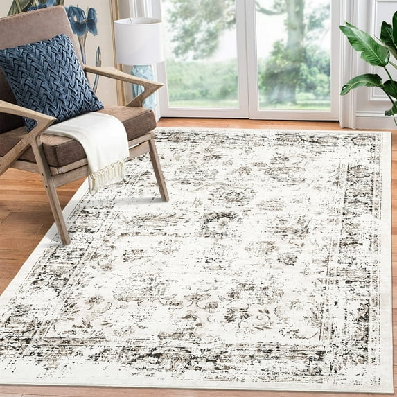 FairOnly 9'x12' Vintage Area Rugs Machine Washable Ultra-Thin Rugs for Bedroom Family Room Beige Home Office Rug Non Shedding Carpet
