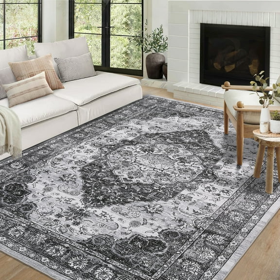 FairOnly 9'x12' Vintage Distressed Area Rugs for Living Room Washable Non Shedding Stain-Resistant Rugs for Kitchen Dining Room Grey Non Slip Soft Carpet
