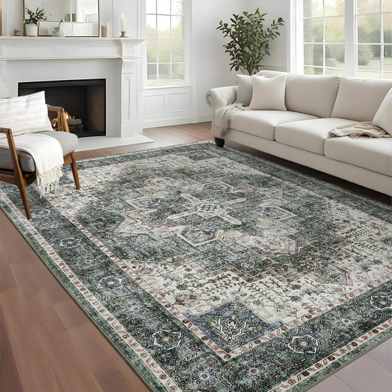 FairOnly 9'x12'Vintage Distressed Washable Low Pile RugFor Living Room Non Slip Stain Resistant Non Shedding Area Rug for Bedroom Nursery,Green