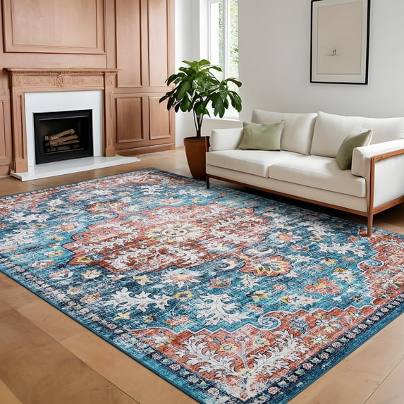FairOnly 9'x12'Vintage Floral Area Rug for Living Room Non Slip Soft Stain Resistant Medallion Distressed Indoor Carpet for Bedroom Living Room Home Office,Blue