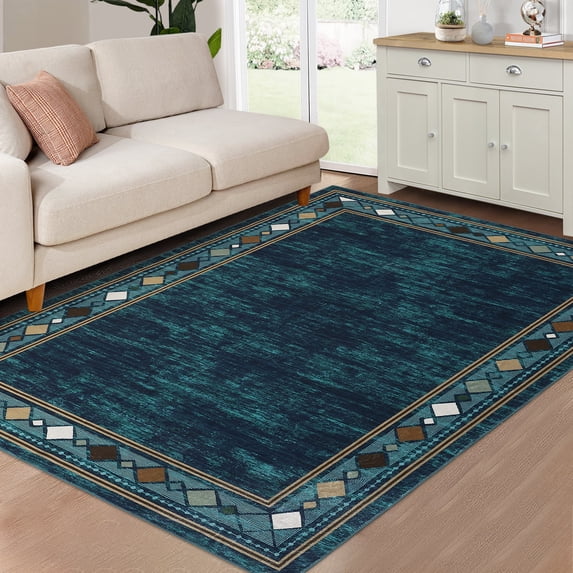 FairOnly Area Rug 5' x 7' Washable Rug for Living Room Bedroom Low Pile Area Rug Modern Bordered Rug, Teal