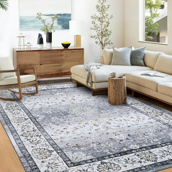 FairOnly Area Rug 5' x 7' Washable Rug for Living Room Office Vintage Medallion Area Rug Elegant Floral Partten Rug, Grey