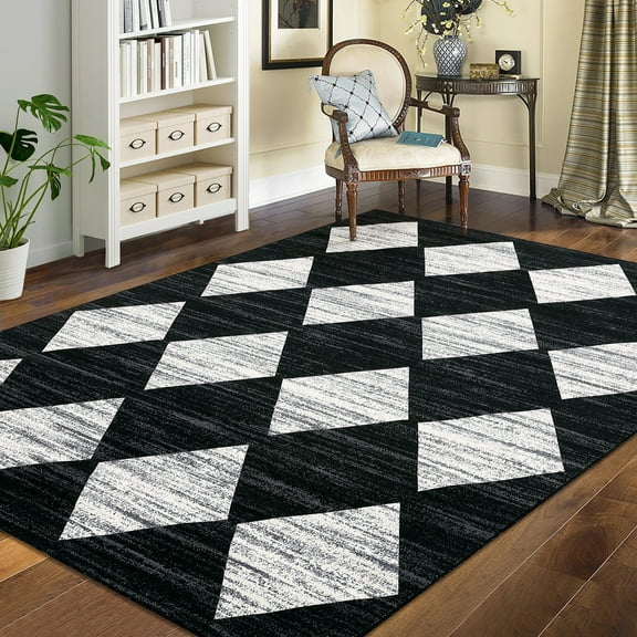 FairOnly Area Rug 5' x 7' Washable Rug with Low-Pile Carpet for Living Room Office Modern Trellis Accent Rug, Black