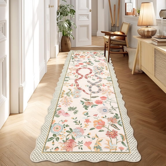 FairOnly Beige 2'x6'Modern Pastoral Floral & Snake French Style Machine Washable Runner Rug for Living Room Stain & Pet Friendly Ultra Thin Non Slip Rug for Kitchen Laundry