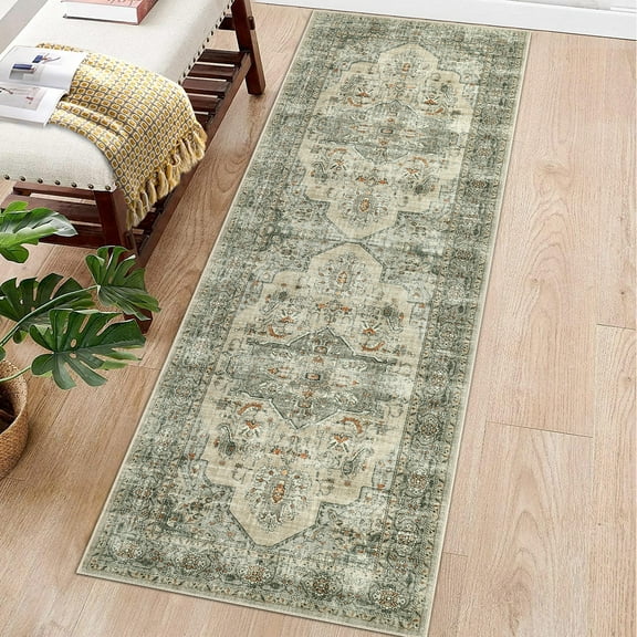 FairOnly Beige 2'x6' Washable Runner Rugs for Hallway Vintage Non Slip Area Rugs for Entryway Laundry Traditional Runner Rug