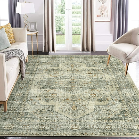 FairOnly Beige 6'x9' Oriental Distressed Area Rugs for Living Room Washable Non Slip Rugs for Bathroom Home Office Carpet