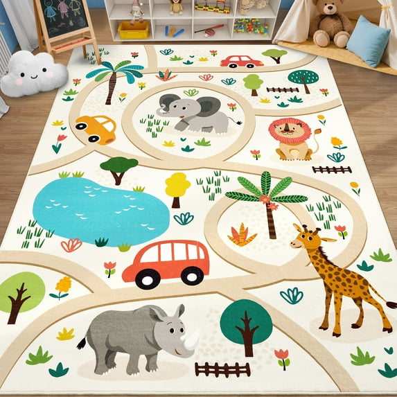 FairOnly Beige 8'x10'Modern Low Pile Colorful Animal Print Machine Washable Non Slip Mat for Playroom Bedroom