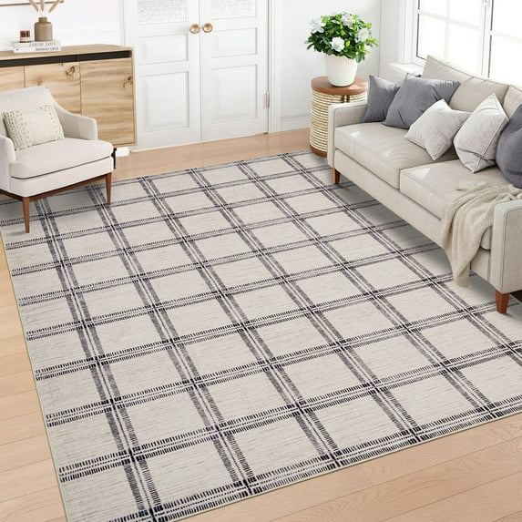 FairOnly Beige 9'x12'Modern Geometric Checkered Area Rug for Living Room Machine Washable Low Pile Pet Friendly Non Slip Rug for Bedroom Kitchen Dining Room