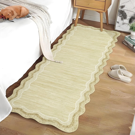 FairOnly Beige Brown 2'x6'Modern Minimalist Ruffle Edge Washable Runner Rug Ultra Thin Low Pile Non-Slip Floor Rug for Bedroom Kitchen Decor