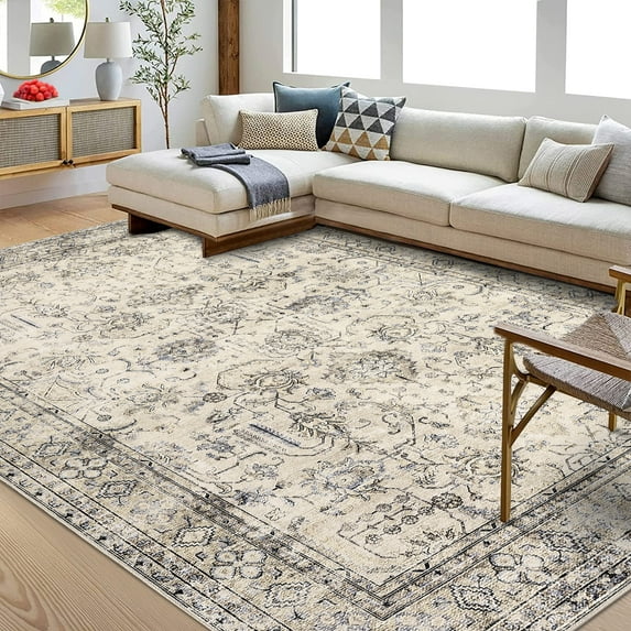 FairOnly Beige Brown 4'x6'Machine Washable Vintage Area Rug for Living Room Non Slip Non Shedding Foldable Distressed Rug for Bedroom Kitchen Dinning Room