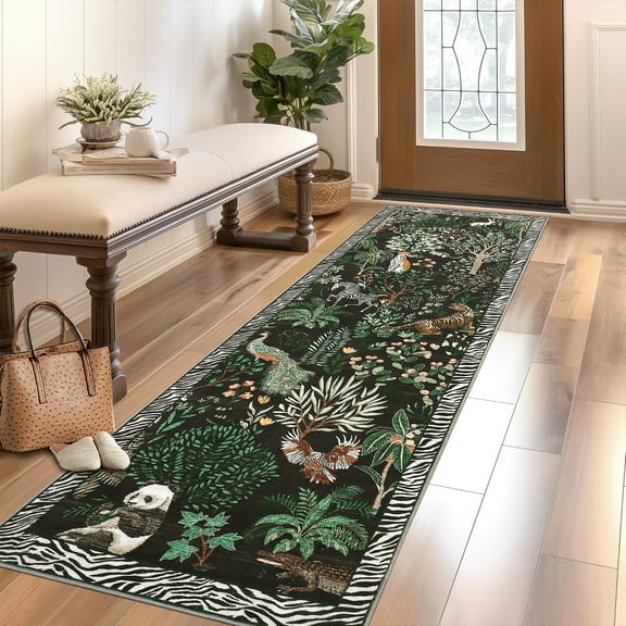 FairOnly Black 2'x6'Jungle Adventure Farmhouse Runner Rug Machine Washable Low Pile Non Slip Carpet for Pet-Friendly Kitchen Hallway Living Room